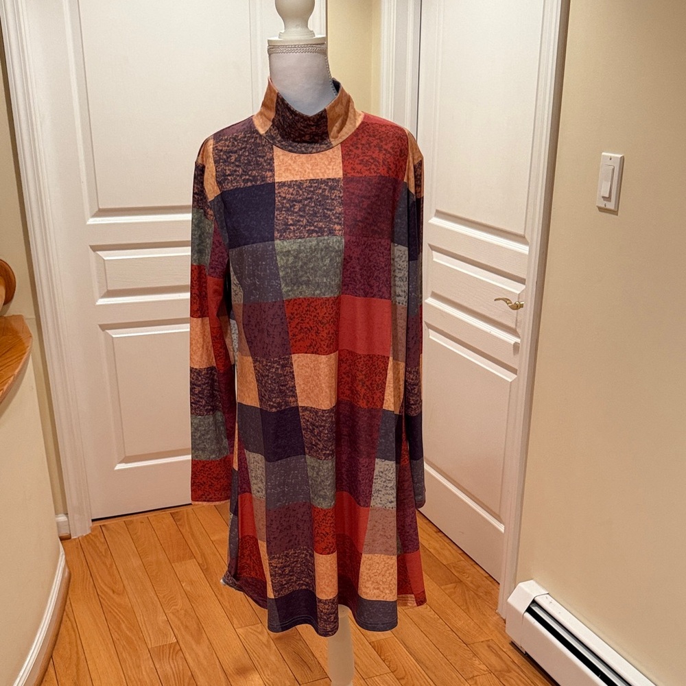 Turtleneck Long Sleeve Patchwork Swing Dress - Multicolor